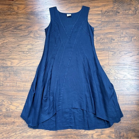 Click by CMC • linen midi dress navy blue asymmetrical lagenlook flowy - Picture 2 of 10